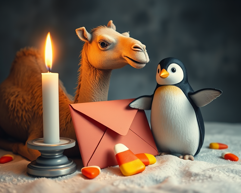 camel, candle, envelope, penguin, candy corn